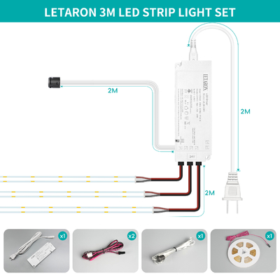 LETARON COB LED Strip Light 24V LED Tape Light,480 pcs/M LEDs,Super Bright High Lumen 6000K White 3m,Ανασβέστερο με 3M Tape,30W UL Power Supply,Touch SWITH για υπνοδωμάτιο,σπίτι,κουζίνα DIY